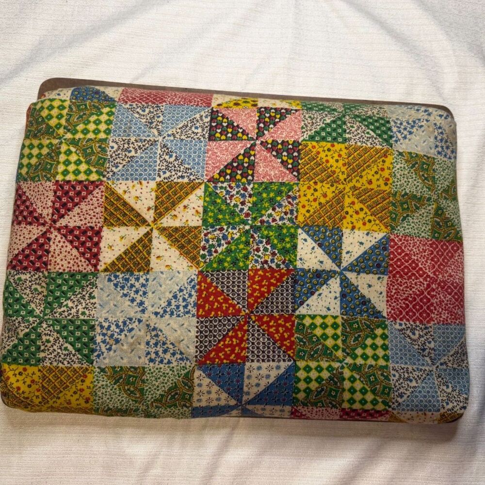 1970s padded lap tray featuring a classic "cheater quilt" print